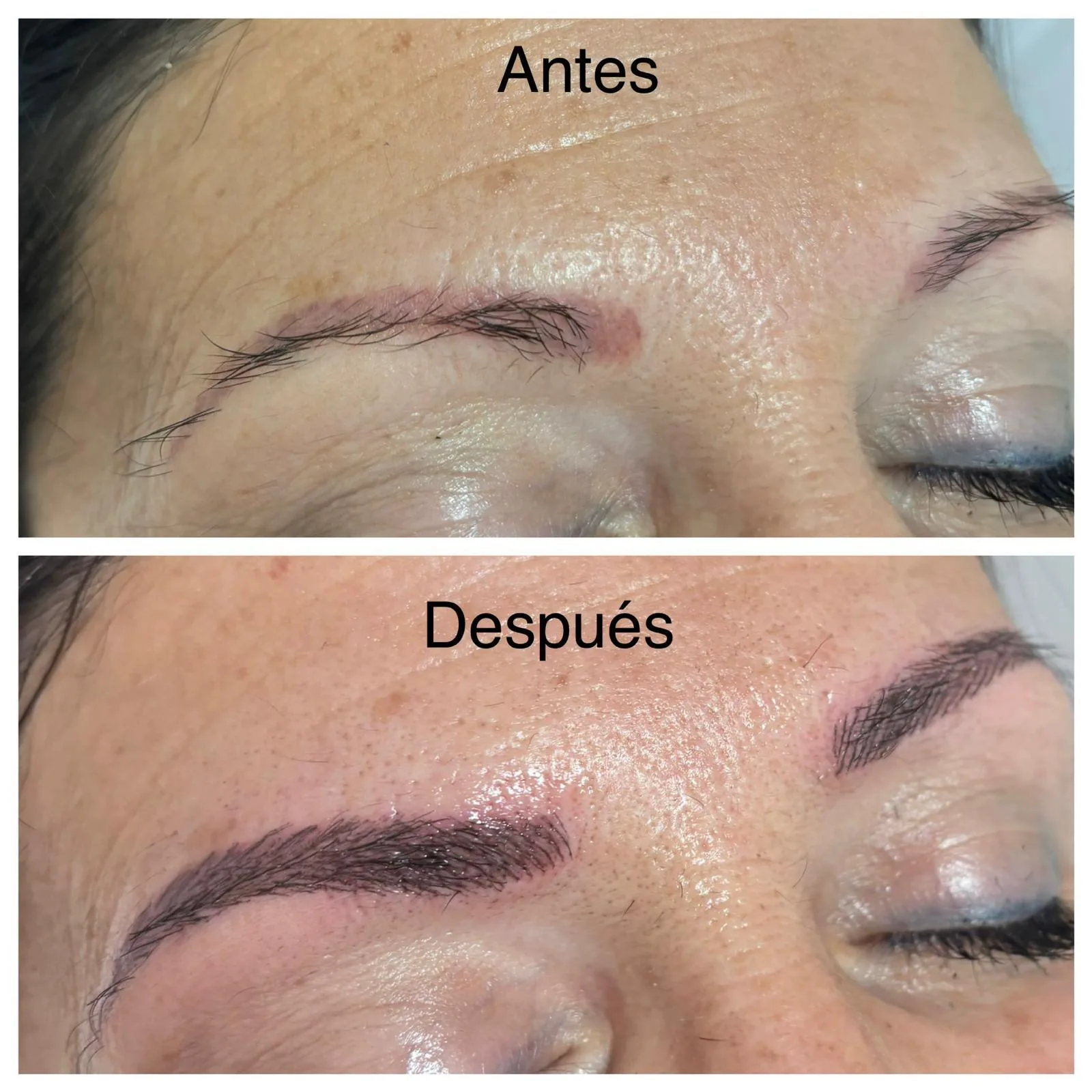 Antes y después de una micropigmentación de cejas pelo a pelo hecha en el centro