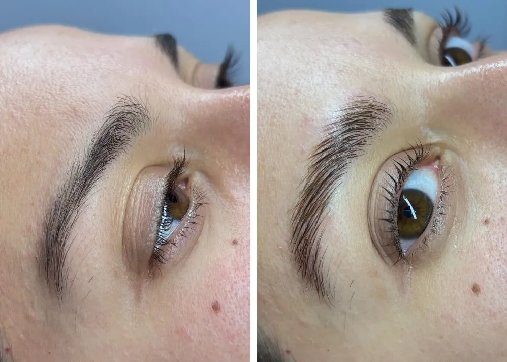 Antes y después de un lifting de pestañas con laminado de cejas: pestaña más curvada y ceja peinada